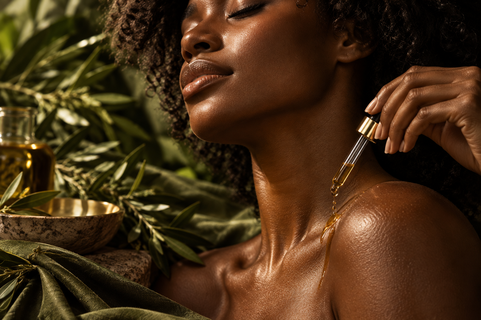 EON botanical oil application on rich dark skin
